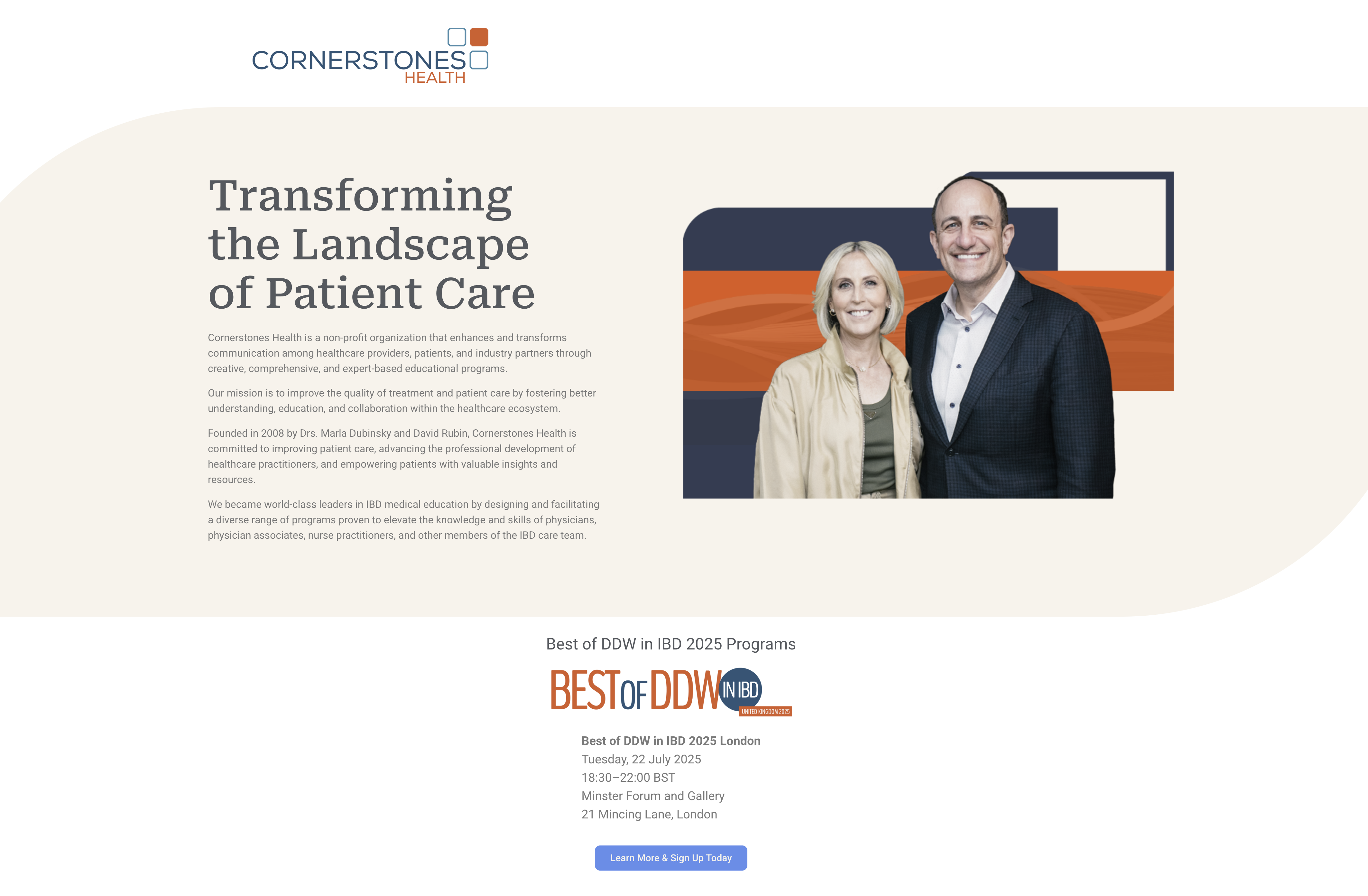 Cornerstones Health’s website in June 2025, showing its founders and the Best of DDW in IBD London program listing Sean added