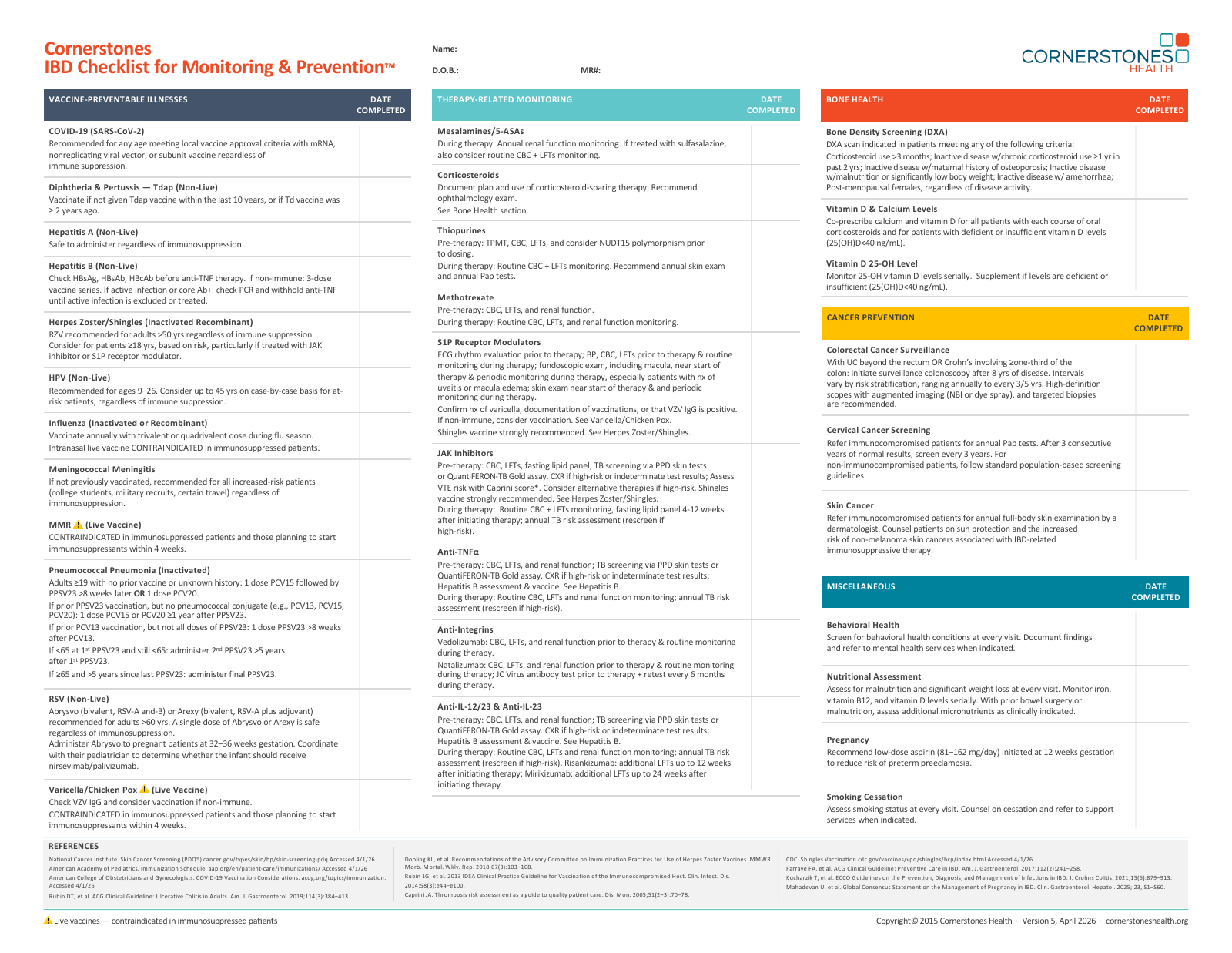 Cornerstones Health’s IBD checklist, a reference document for clinicians