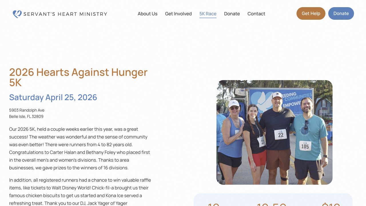 The actual Hearts Against Hunger 5K webpage, with the event details, race recap, participants and donation link